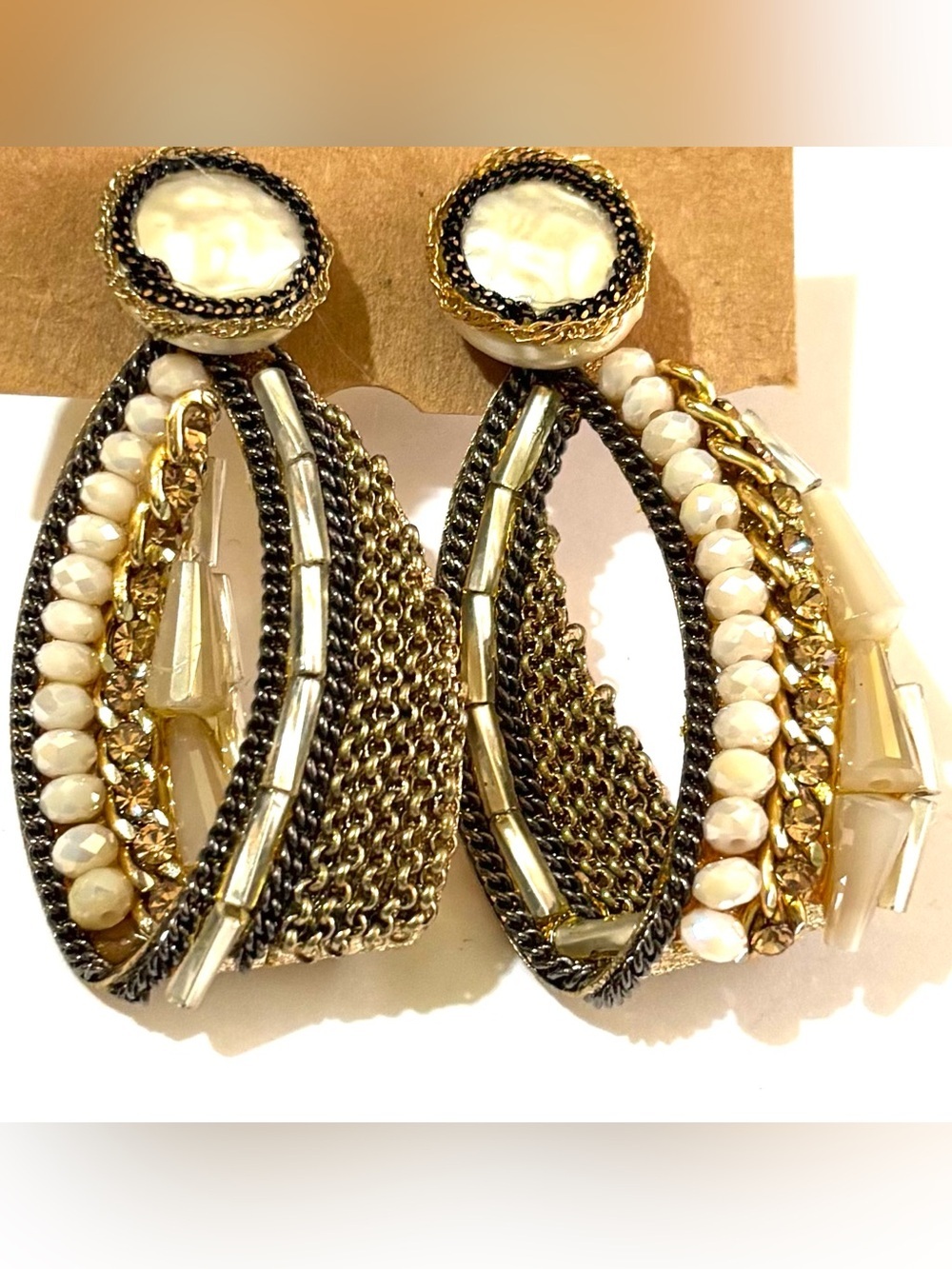 Gold and Cream Textured Hoop Drop Earrings with Bead Accents - Picture 1 of 1